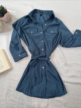 Ingredients Slate Blue Button-Up Shirt Dress with Tie